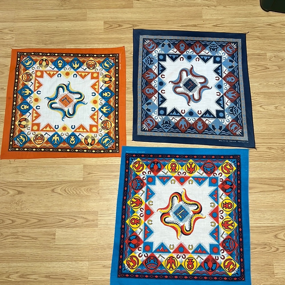 Set 3 poly/cotton RN#14193 Vintage 22” Western Bandanna Handkerchief Blue Orange